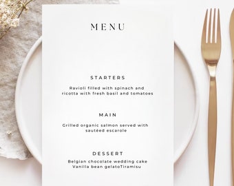 Minimalistische Hochzeitsmenü-Vorlage, bearbeitbare Canva druckbare Menükarte, modernes einfaches Hochzeitsfeiersmenü, sofortiger Download