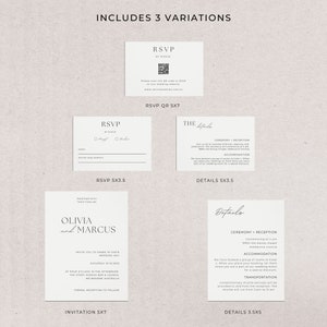 Puede incluir: Un conjunto de invitaciones de boda con tres variaciones: tarjeta RSVP, tarjeta de c&oacute;digo QR RSVP y tarjeta de detalles de la boda. La invitaci&oacute;n presenta un dise&ntilde;o minimalista con texto negro sobre fondo blanco. El texto incluye los nombres Olivia y Marcus, la fecha de la boda y la ubicaci&oacute;n de la ceremonia y la recepci&oacute;n.