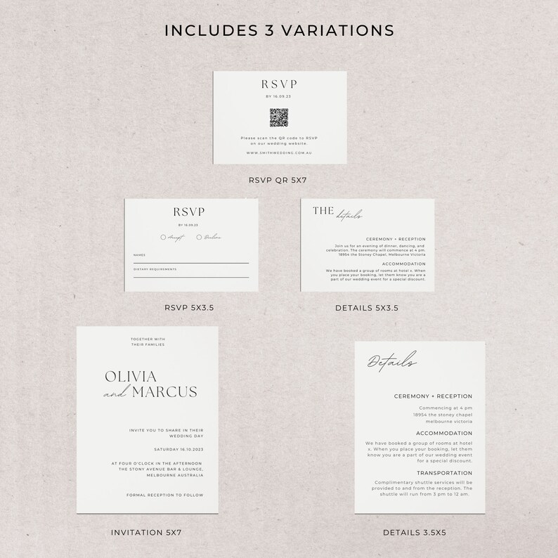 Puede incluir: Un conjunto de invitaciones de boda con tres variaciones: tarjeta RSVP, tarjeta de c&oacute;digo QR RSVP y tarjeta de detalles de la boda. La invitaci&oacute;n presenta un dise&ntilde;o minimalista con texto negro sobre fondo blanco. El texto incluye los nombres Olivia y Marcus, la fecha de la boda y la ubicaci&oacute;n de la ceremonia y la recepci&oacute;n.