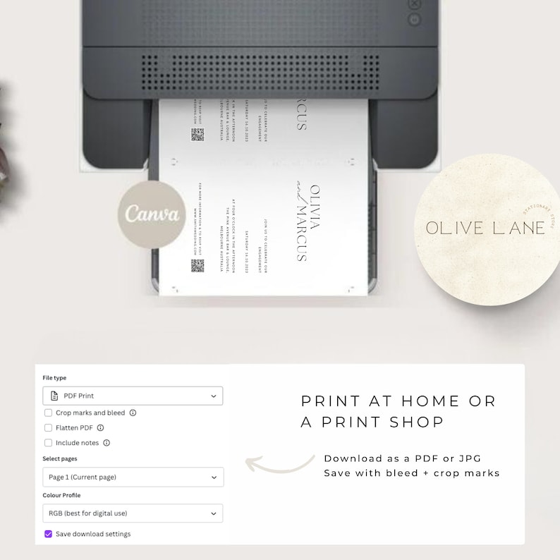 Puede incluir: Una captura de pantalla de una plantilla de dise&ntilde;o de Canva para una invitaci&oacute;n de boda. La plantilla es un dise&ntilde;o simple y moderno con el texto "OLIVIA y MARCUS" en una fuente minimalista. La invitaci&oacute;n se est&aacute; imprimiendo en una impresora dom&eacute;stica. El texto "IMPRIMIR EN CASA O EN UNA TIENDA DE IMPRESI&Oacute;N" se muestra en la pantalla. El texto "Descargar como PDF o JPG" y "Guardar con sangrado + marcas de recorte" tambi&eacute;n se muestra en la pantalla.