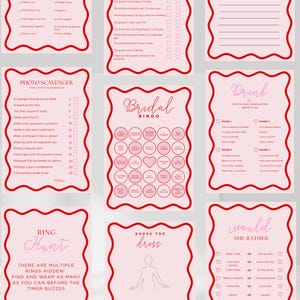 Bridal Shower Games | Bachelorette Party Game Bundle | Red and Pink Bachelorette Hens Party | Wavy Border Templates | Wave Modern | BS1