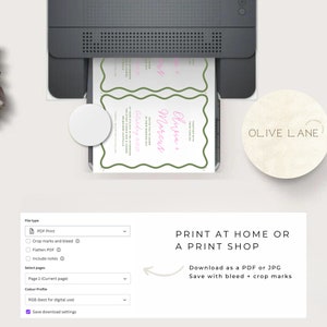 May include: A printable wedding invitation template with a green border and pink text that reads "Olivera + Marcus" and "Saturday 16.10.28". The text "Print at home or a print shop" is also visible.