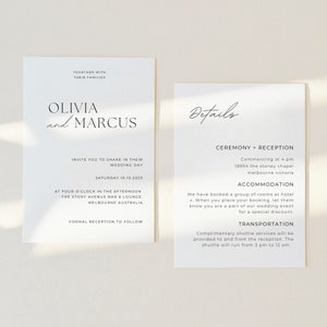 Puede incluir: Invitaci&oacute;n de boda con fondo blanco y texto negro. La tarjeta superior dice "Olivia y Marcus" y la tarjeta inferior dice "Detalles" con informaci&oacute;n sobre la ceremonia, la recepci&oacute;n, el alojamiento y el transporte. La ceremonia se celebrar&aacute; a las 4 pm en la capilla Stoney de Melbourne, Victoria.