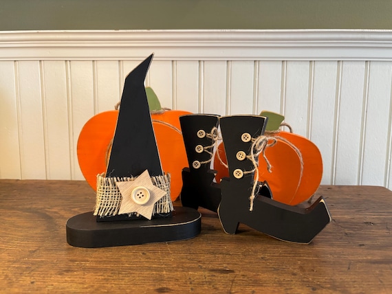 Handcrafted Wood Witch Hat & Boots Set: Rustic Halloween Tiered Tray Decor