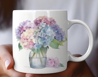 Vibrant Watercolor Vase of Hydrangeas Coffee Mug, Floral Coffee Mug, Gift For Her, Mother&#39;s Day Gift, Hydrangea Lover Gift