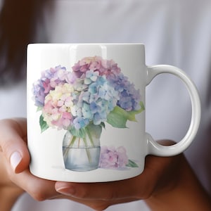 Vibrant Watercolor Vase of Hydrangeas Coffee Mug, Floral Coffee Mug, Gift For Her, Mother&#39;s Day Gift, Hydrangea Lover Gift