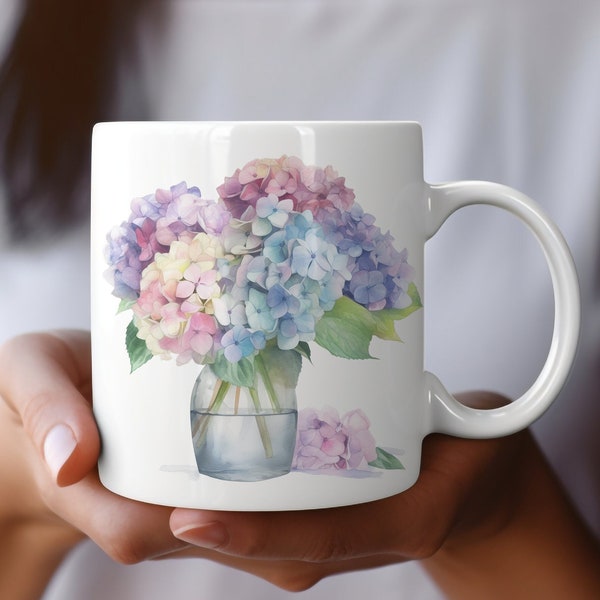 Vibrant Watercolor Vase of Hydrangeas Coffee Mug, Floral Coffee Mug, Gift For Her, Mother's Day Gift, Hydrangea Lover Gift, 15 oz Mug