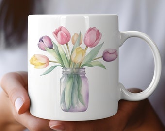 Vibrant Watercolor Vase of Tulips Coffee Mug, Floral Coffee Mug, Gift For Her, Mother&#39;s Day Gift, Tulip Lover Gift, 11 oz or 15 oz Mug