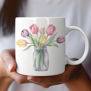 Vibrant Watercolor Vase of Tulips Coffee Mug, Floral Coffee Mug, Gift For Her, Mother&#39;s Day Gift, Tulip Lover Gift, 11 oz or 15 oz Mug