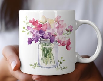 Vibrant Watercolor Jar of Sweet Peas Coffee Mug, Floral Coffee Mug, Gift For Her, Mother&#39;s Day Gift, Sweet Pea Lover Gift, Coffee Mug 11oz