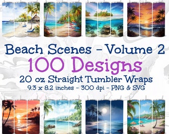 100 Beach Tumbler Wrap Designs, PNG SVG, 20 oz Skinny Tumbler (Digital Download)