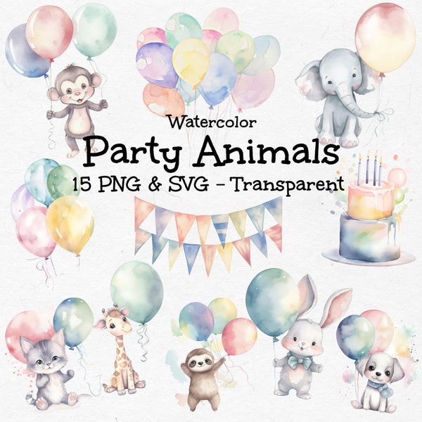 Party Animal Clipart 15 PNG & SVG, Watercolor Clipart, Baby Animals Invitation Design, Transparent Background, Animal Fun, Commercial Use