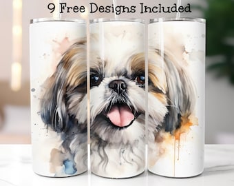 Envoltura de vaso de acuarela Shih Tzu, diseños de sublimación PNG y SVG, vaso recto de 20 oz, envoltura de vaso para perros, vaso delgado, arte para perros Shih Tzu