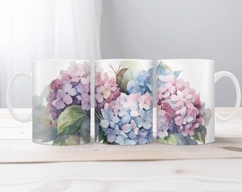 Watercolor Hydrangea Mug, Coffee Mug, Gift For Her, BoHo Mug, Floral Coffee Mug, Mother&#39;s Day Gift, CottageCore, Floral Mug, Hydrangea Lover