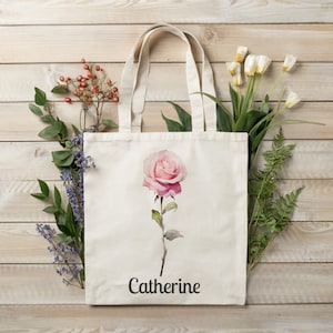 Personalized Rose Canvas Tote Bag, Custom Floral Bag, Bridesmaid Gift, Gift For Mom, Rose Lovers, Best Friend&#39;s Gift, Wedding Gift