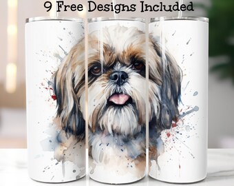 Envoltura de vaso de acuarela Shih Tzu, diseños de sublimación PNG y SVG, vaso recto de 20 oz, envoltura de vaso para perros, vaso delgado, arte para perros Shih Tzu