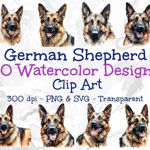 German Shepherd Watercolor Clipart Transparent Background,  20 PNG & SVG Clipart Bundle, Dog Clip Art, German Shepherd Art, Commercial Use