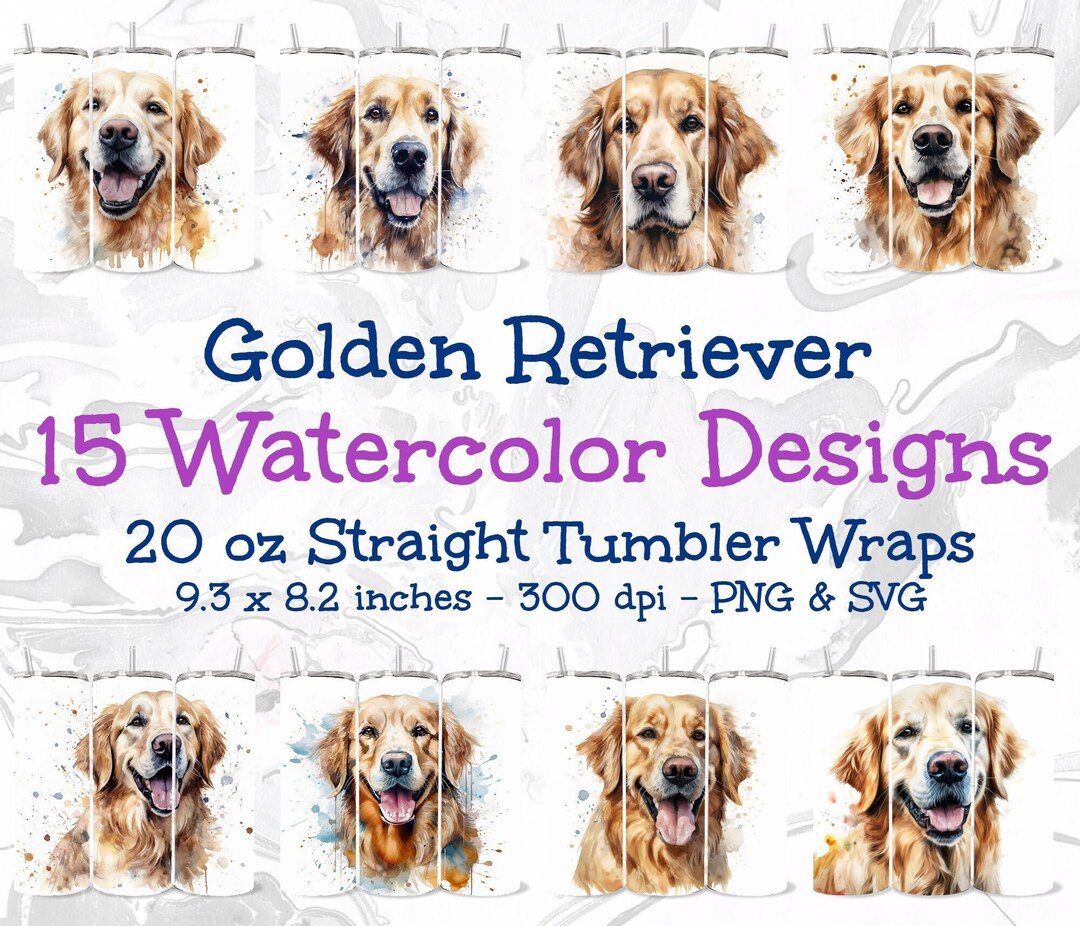 Golden Retriever Tumbler Wrap Bundle, Watercolor Dog PNG SVG (digital ...