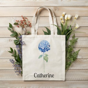 Bolso de lona personalizado con hortensias, Bolso floral personalizado, Regalo de dama de honor, Regalo para mamá, Amantes de las hortensias, Regalo del mejor amigo, Regalo de boda