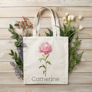 Personalized Peony Canvas Tote Bag, Custom Floral Bag, Bridesmaid Gift, Gift For Mom, Best Friend&#39;s Gift, Wedding Gift, Custom Floral Tote