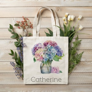 Personalized Hydrangeas Canvas Tote Bag, Custom Floral Bag, Bridesmaid Gift, Gift For Mom, Best Friend&#39;s Gift, Wedding Gift, Floral Tote