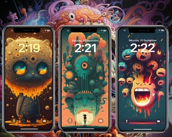 May include: Three iPhone mockups with different backgrounds. The first phone has a yellow and orange background with a cartoon cat. The second phone has a green and orange background with a cartoon monster. The third phone has a blue and orange background with a cartoon face.