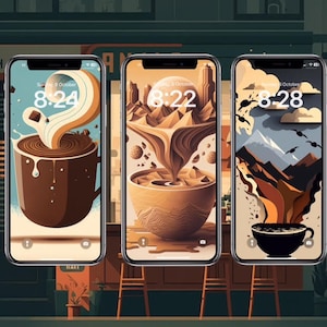 May include: Three iPhone mockups with different coffee-themed wallpapers. The first phone shows a brown coffee cup with steam rising from it. The second phone shows a brown coffee cup with a swirling pattern. The third phone shows a brown coffee cup with a mountain scene in the background. All three phones display the time.