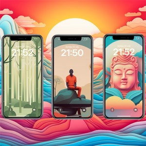 May include: Three iPhone screens with different backgrounds. The first screen has a green forest background, the second screen has a man sitting on a rock in front of a mountain background, and the third screen has a pink and blue Buddha statue background. All three screens display the time, which is 21:52, 21:50, and 21:52 respectively.