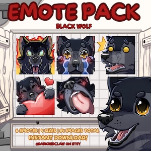 Black Wolf Emotes - Wolf Emote Pack | 6 Static Emotes for Streamers, Twitch and Discord
