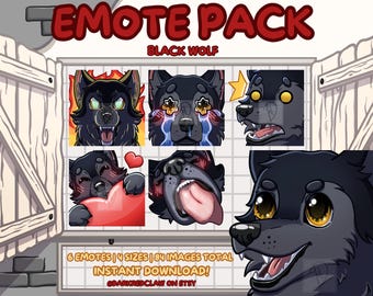 Black Wolf Emotes - Wolf Emote Pack | 6 Static Emotes for Streamers, Twitch and Discord