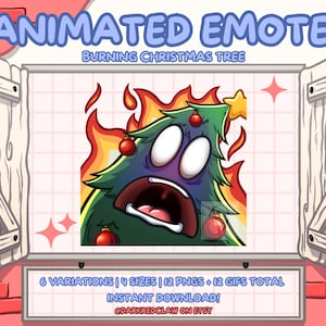 May include: Animated Christmas tree emote with a surprised expression, engulfed in flames. The tree is green with red ornaments and a yellow star on top. The emote is available in 6 variations and 4 sizes, with 12 PNGs and 12 GIFs total.