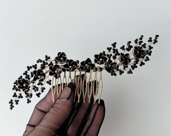 Schwarze Blume Gothic Haarkamm: Handgefertigter Braut Kopfschmuck