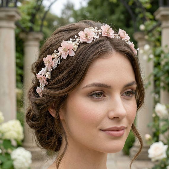 Delicate Blush Floral Headband with Crystals Crystal Hair Vine Floral Bridal Hairpiece Blush Pink Flowers  main image 4