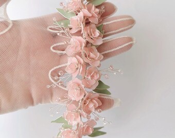 Handmade Blush Pink Floral Hair Vine: Crystal Beaded Wedding Headpiece