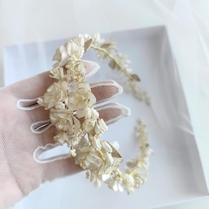 Gold Floral Bridal Hair Vine, Crystal Wedding Headband, Handmade Pearl Hair Accessory, Elegant Gold Leaf Tiara, Clypea Hair Vine