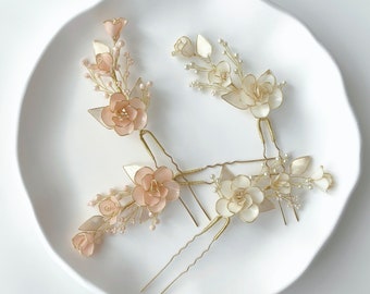 Elegant Champagne and Gold Hair Pins for Brides - Beaded Branches and Shimmering Flowers