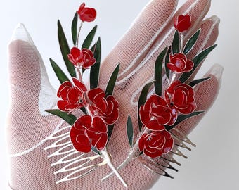 Vintage Japanese Floral Hair Comb Red & White With Pressed  display picture 3