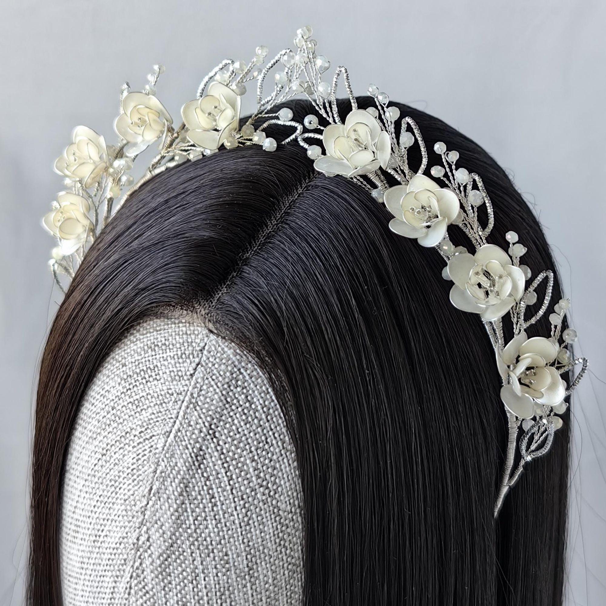 White Floral Bridal Tiara | Silver Wedding Crown | Handmade  display picture 1