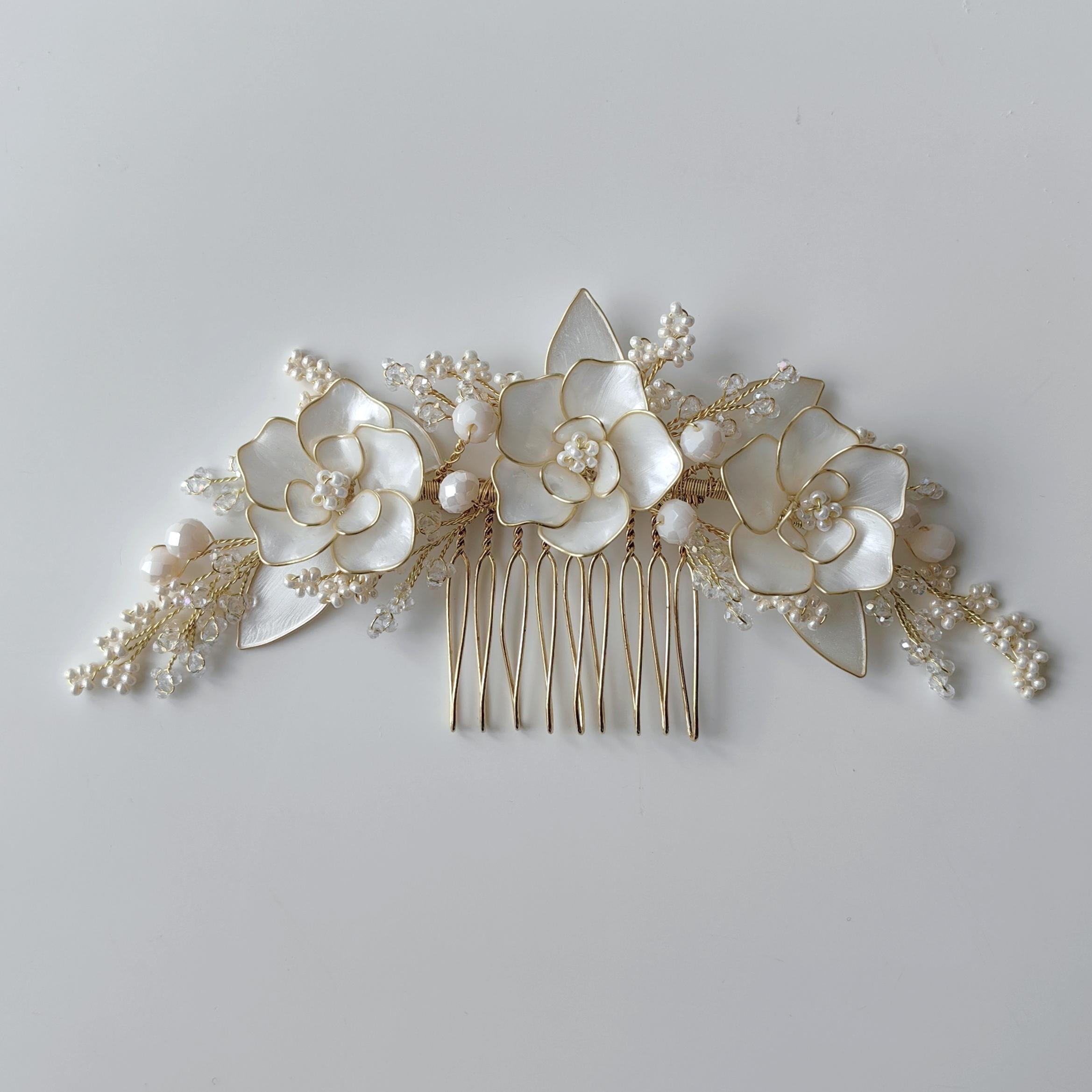 Handmade Gold Bridal Hair Comb: White Floral Wedding 