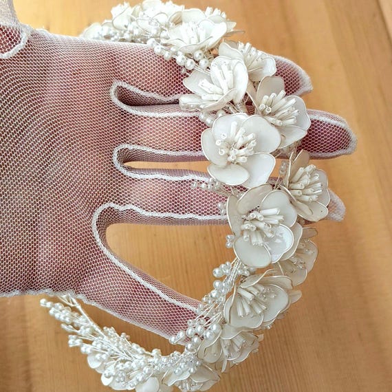 White Floral Pearl Wedding Tiara: Silver Bridal Headband - Etsy display picture 2