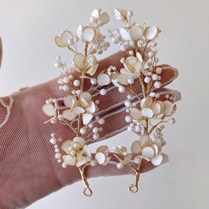 Gold Blumen Braut Haarranke Set: Handgefertigte Perlen Hochzeit Kopfschmuck