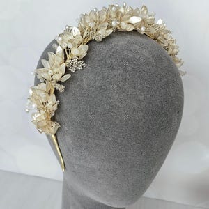 Handmade Gold Pearl Bridal Tiara: Crystal Floral Wedding Crown