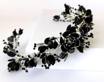 Black Gothic Bridal Headpiece | Dark Floral Wedding Crown | Handmade Alternative Bride Tiara