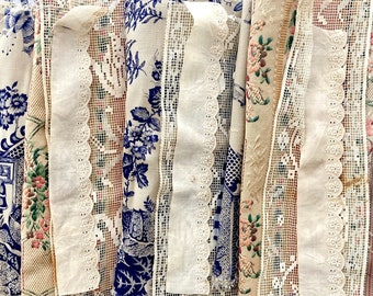 Vintage linen, cotton pieces and laces set for junk journal, slow stitching, sewing crafts. Reclaimed textile remnants. Antique fabric set