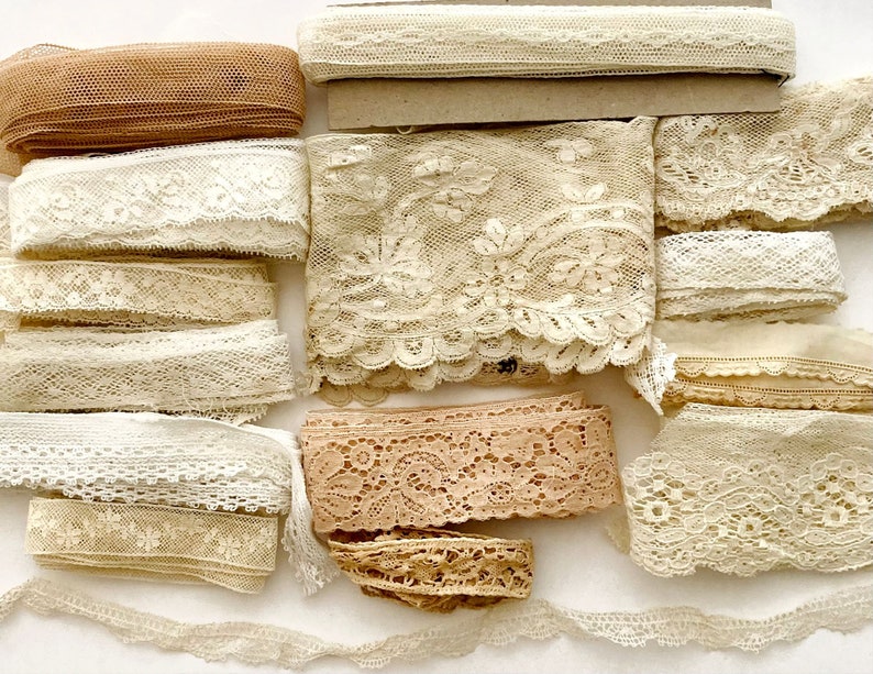 Beautiful antique and vintage lace and trim grab bag. 14 different designs of old cotton laces for Junk journal, slow stitching, textile art image 10