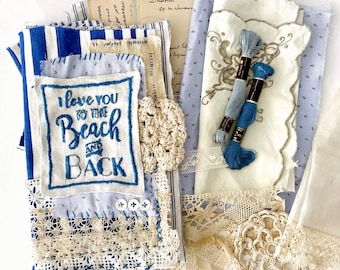 Antique Fabric and Lace Junk Journal Kit. Slow stitching bundle Vintage Script Paper, Coastal Motifs embroidery linen patterns, Bobbin Lace