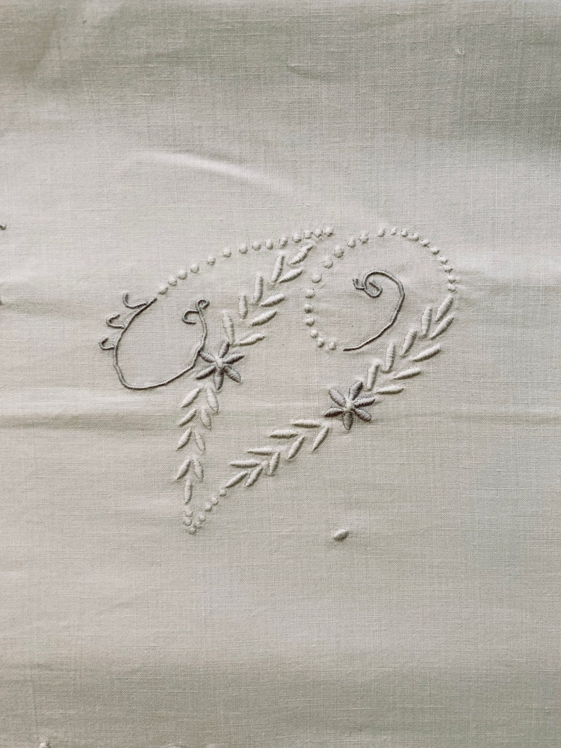 Antique Cotton Queen Size Sheet. Cover Sheet Monogramed in White