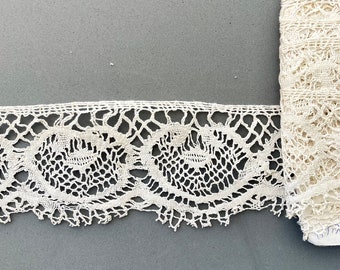 French Antique Bobbin Lace on Raw cotton - Delicate intricate Wave Pattern. Junk journal, slow stitching, sewing crafts. Sold by meters