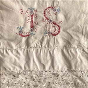 Antique Monogrammed Pillowcase JS Embroidered Bolster Cover French Lace Cottagecore Edwardian Bedding Linen