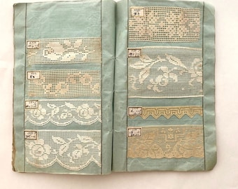 Antique 19th Century Lace Sampler with Original Labels - Blue Bounded, 10x6 - Cotton and Linen hanmade and loom laces. About 15 pages.